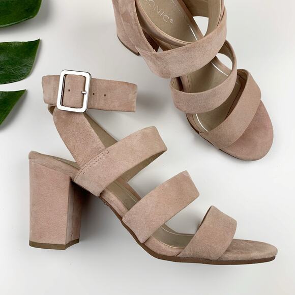 Vionic Blaire Sandals Heels Pink Suede Ankle Strap Strappy Women's 9.5 - Picture 1 of 11